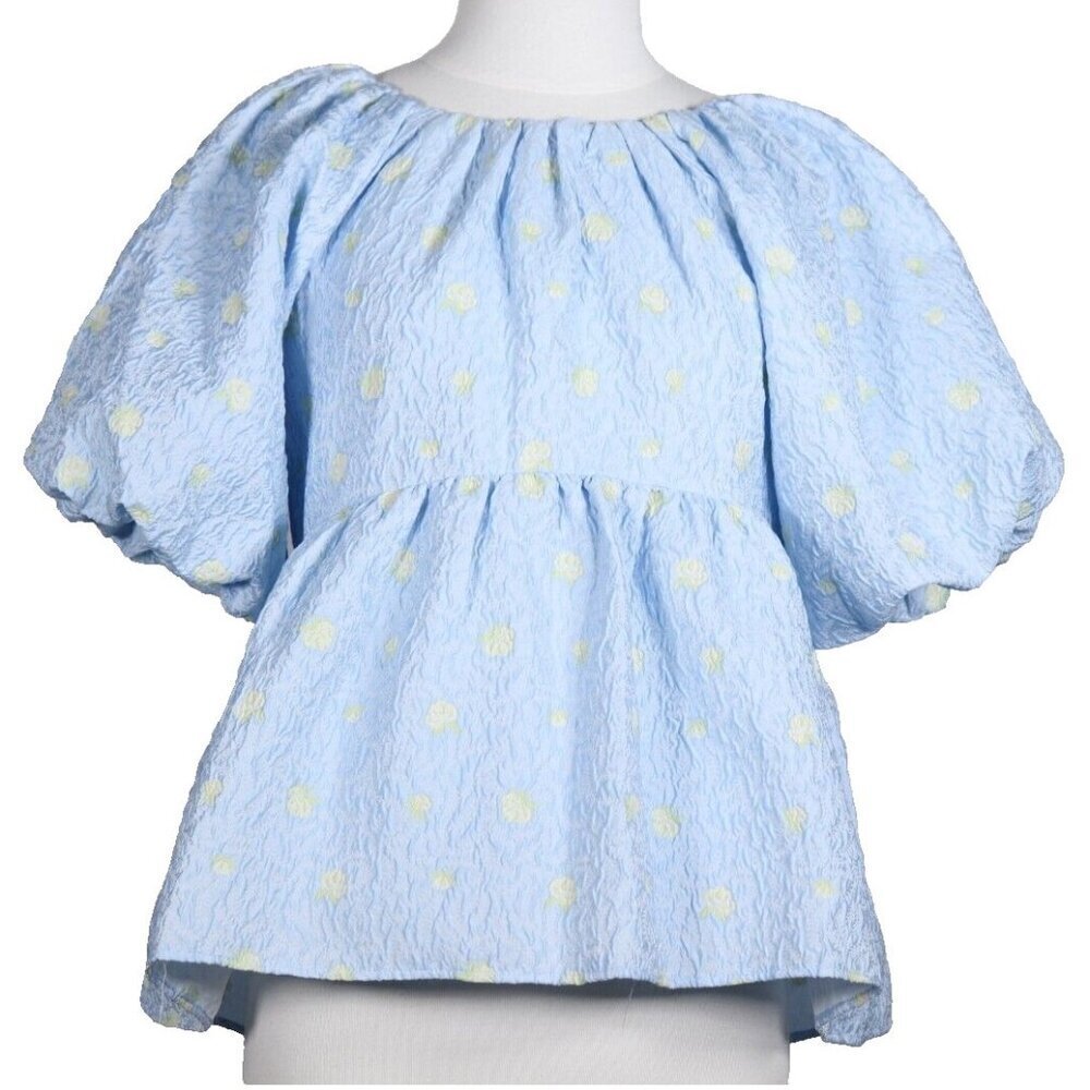 English Factory Women's XS Blue Empire Waist Top Jacquard Floral Puff Sleeves